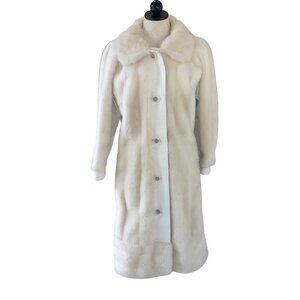 Tissavel France Vintage Womens Coat Size M White Faux Fur Leather Trim Bullocks